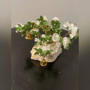 VTG Prosperity Tree Brass bells & white Fabric Flowers w/marble Base